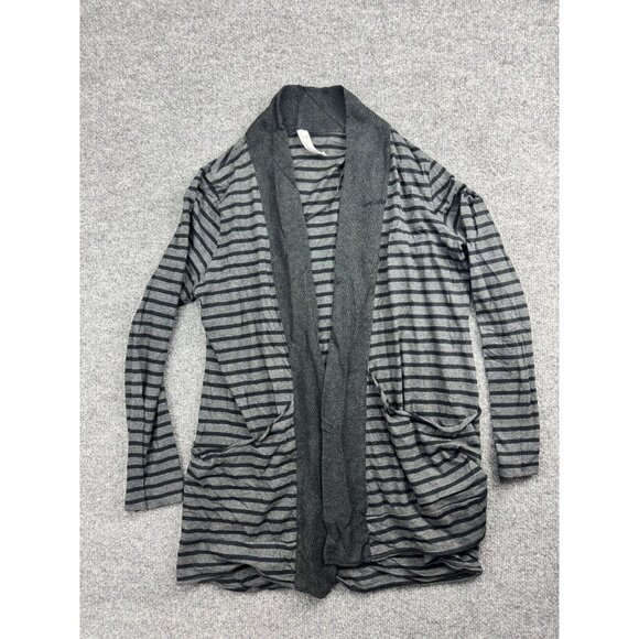 Indigenous Cardigan Women's Large Gray Black Striped Pockets Organic Cotton - Picture 1 of 7